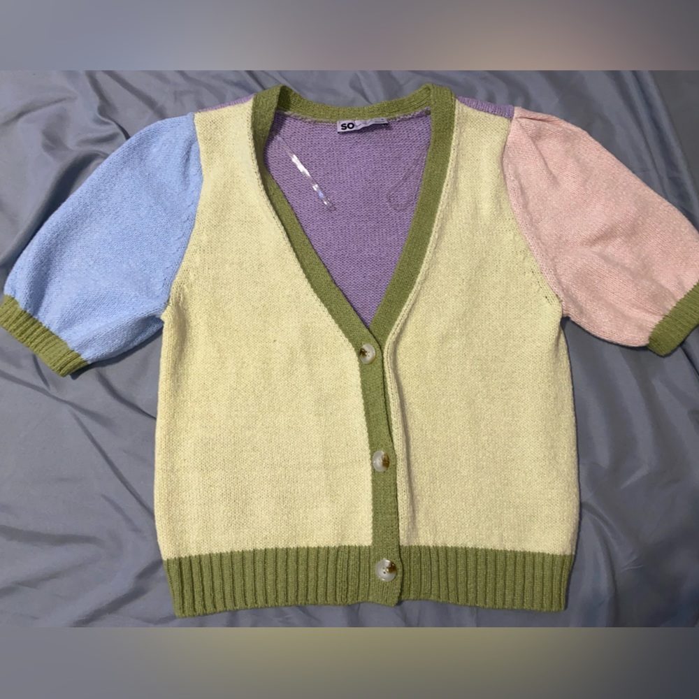 Short Sleeve button up pink, green, purple, yellow sweater